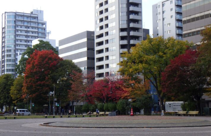 大通公園の紅葉、サトウカエデやエゾヤマザクラ、ヤマモミジが赤く色付いている画像
