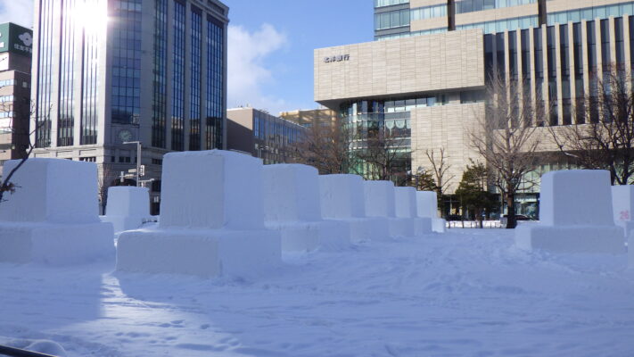 市民雪像作成のための雪の立方体が並んでいる様子