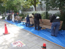 秋のベンチ塗装　ペーパー掛け中2