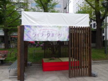 ライラックまつりの暖簾がかかり、緋毛氈敷の畳の上にライラックの増加があるフォトスポットの画像